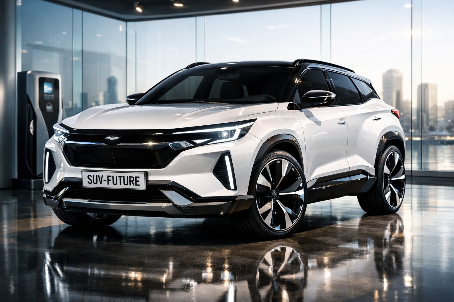 SUV elétrico branco com design moderno estacionado em ambiente interno com paredes de vidro.