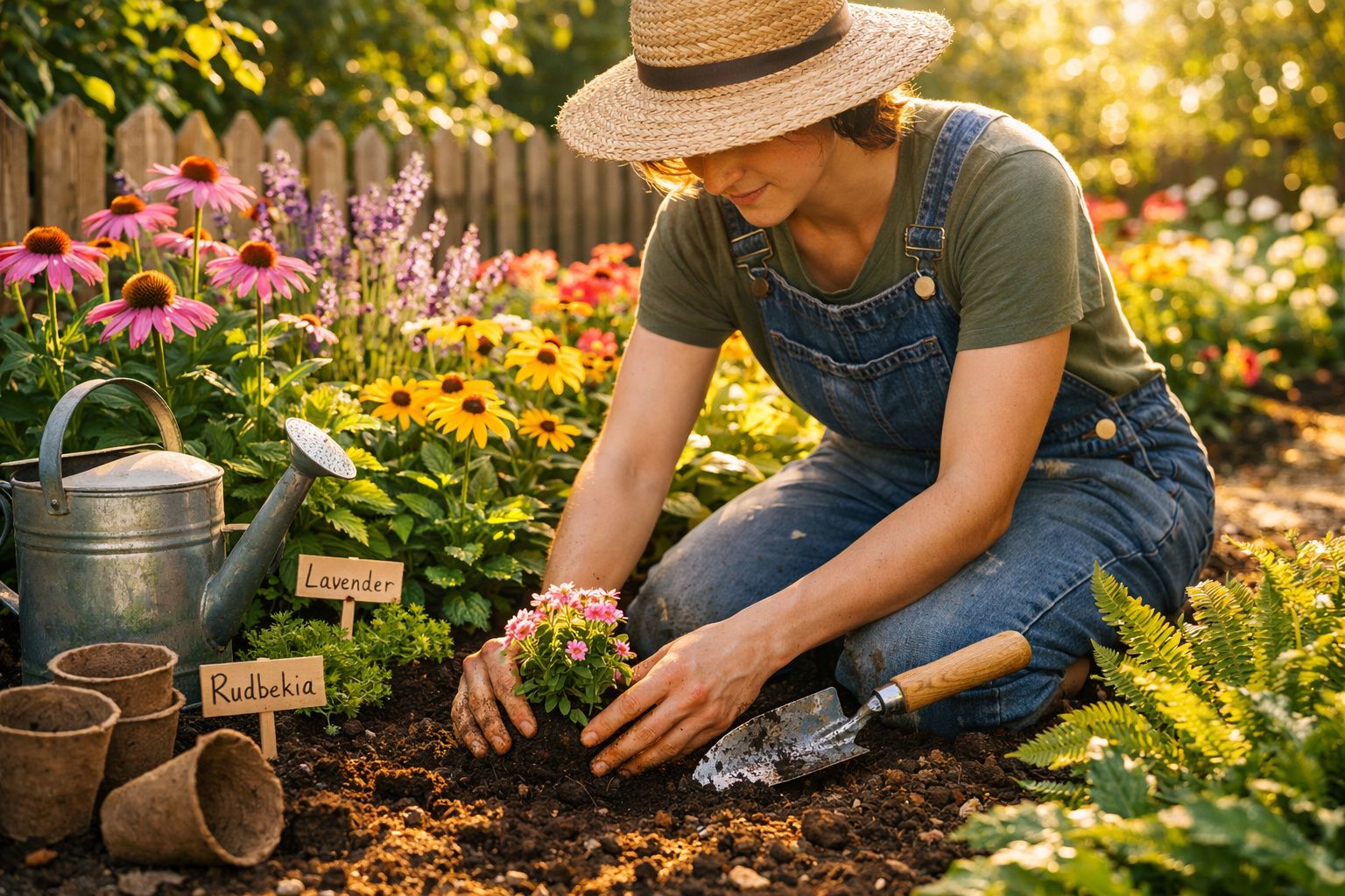 Mulher com chapéu plantando flores em jardim, cercada por flores coloridas e regador.