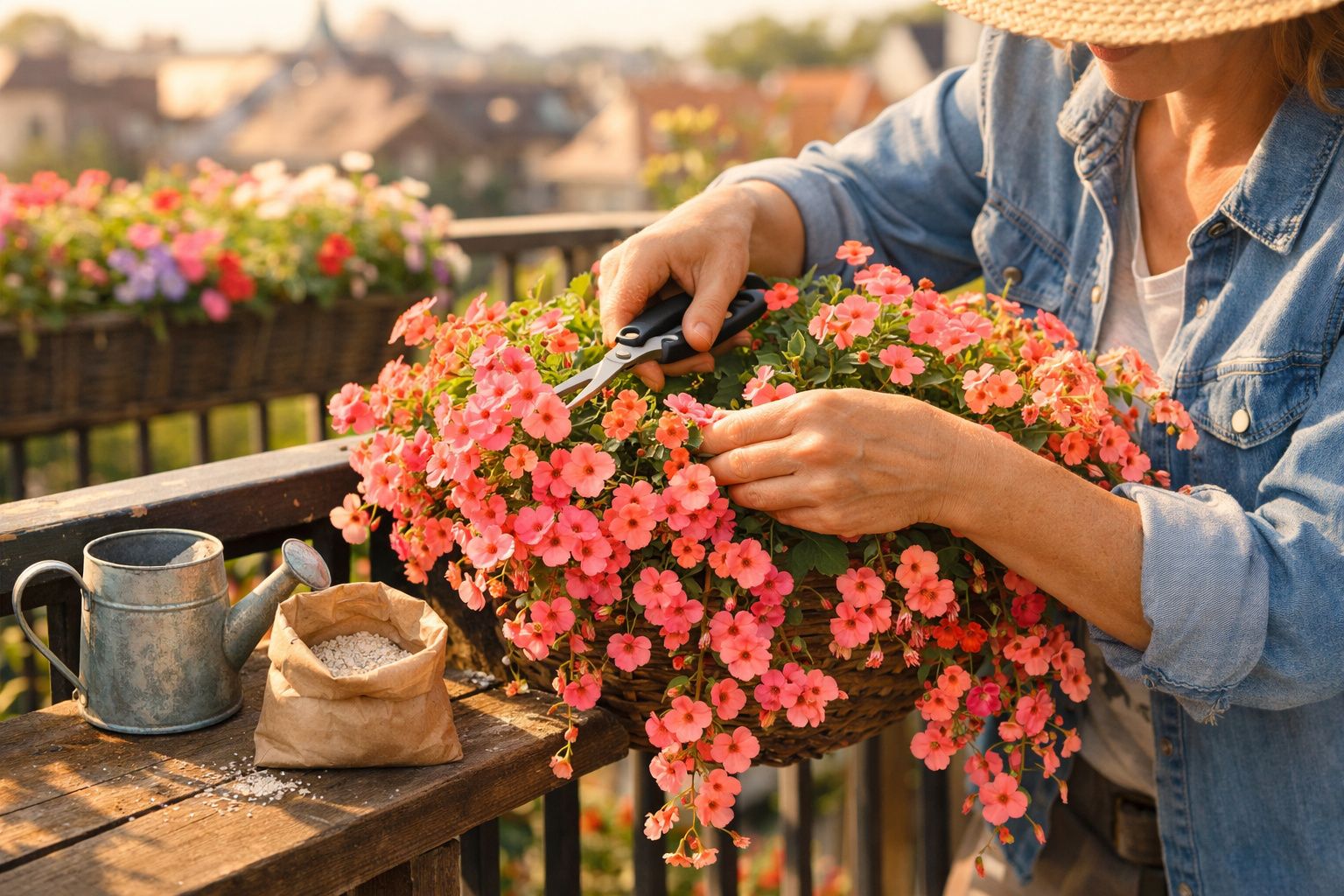 Pessoa podando flores cor-de-rosa em vaso suspenso com tesoura de jardinagem em varanda ensolarada.