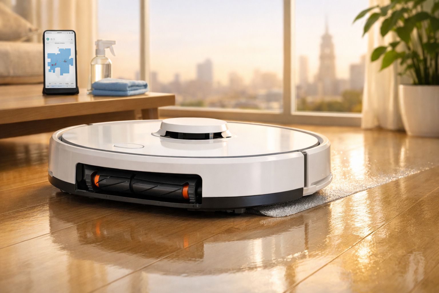 Aspirador robô branco limpando chão de madeira com controle de smartphone ao fundo na sala.