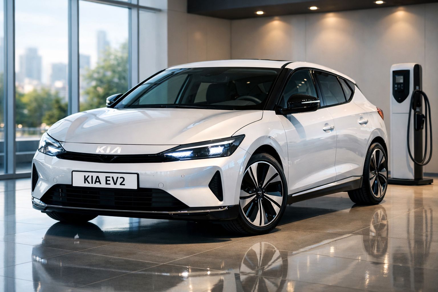 Carro elétrico branco Kia EV2 estacionado em ambiente interno próximo a estação de recarga.