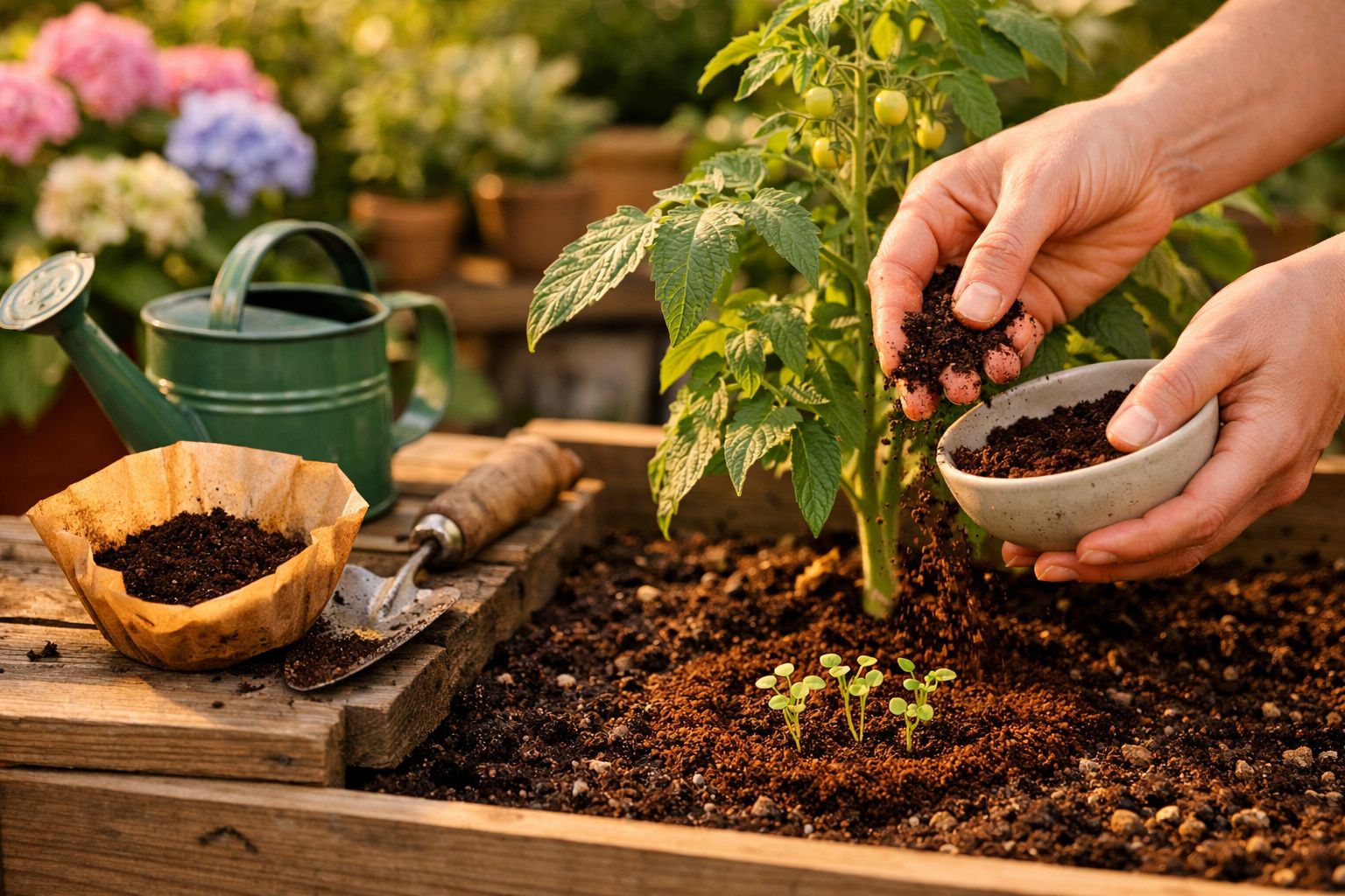 Mãos espalhando terra em canteiro com mudas ao lado de regador, pá e vaso com terra no jardim.