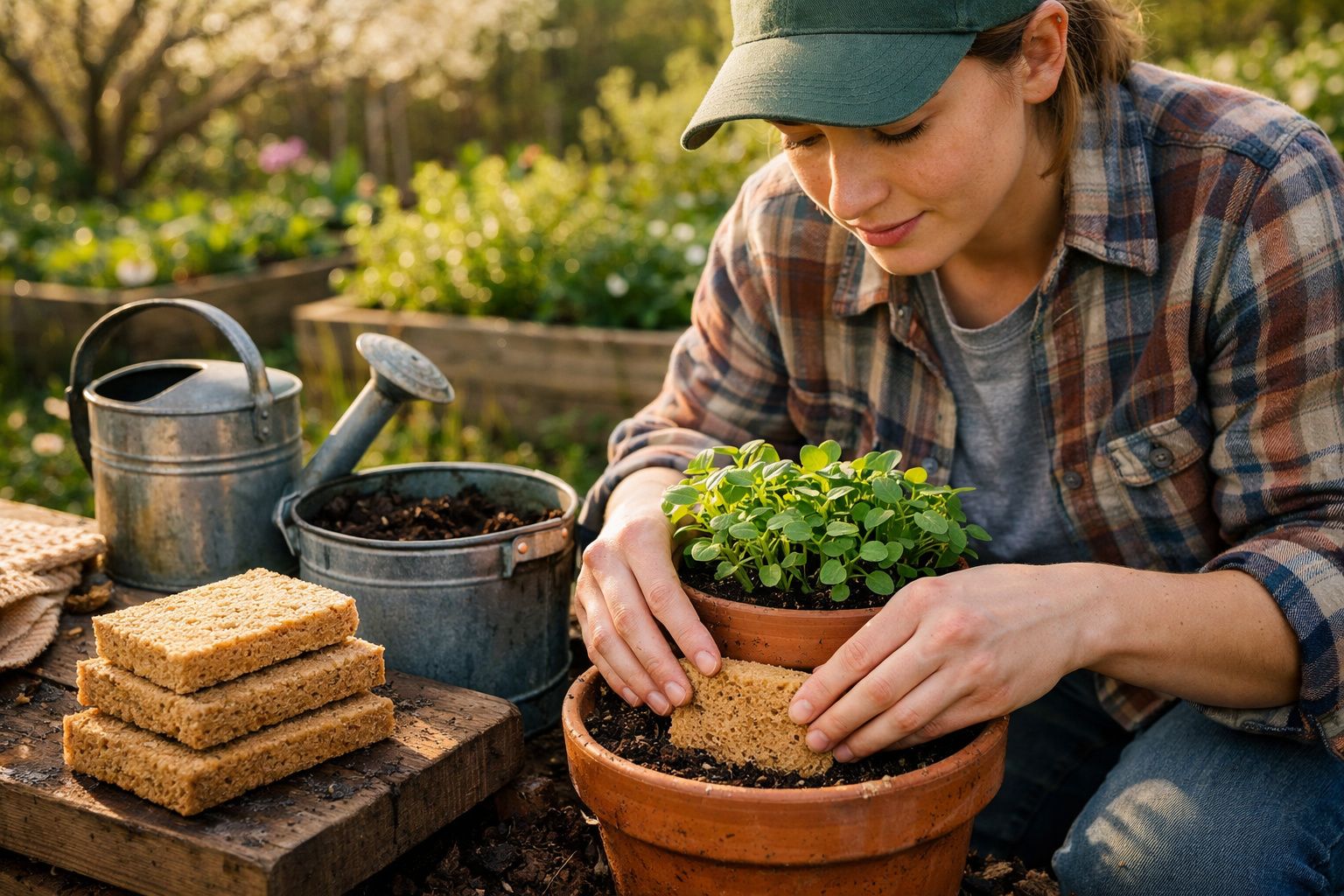 Pessoa plantando mudas em vaso de barro com palito de fibra natural, ao ar livre em horta caseira.