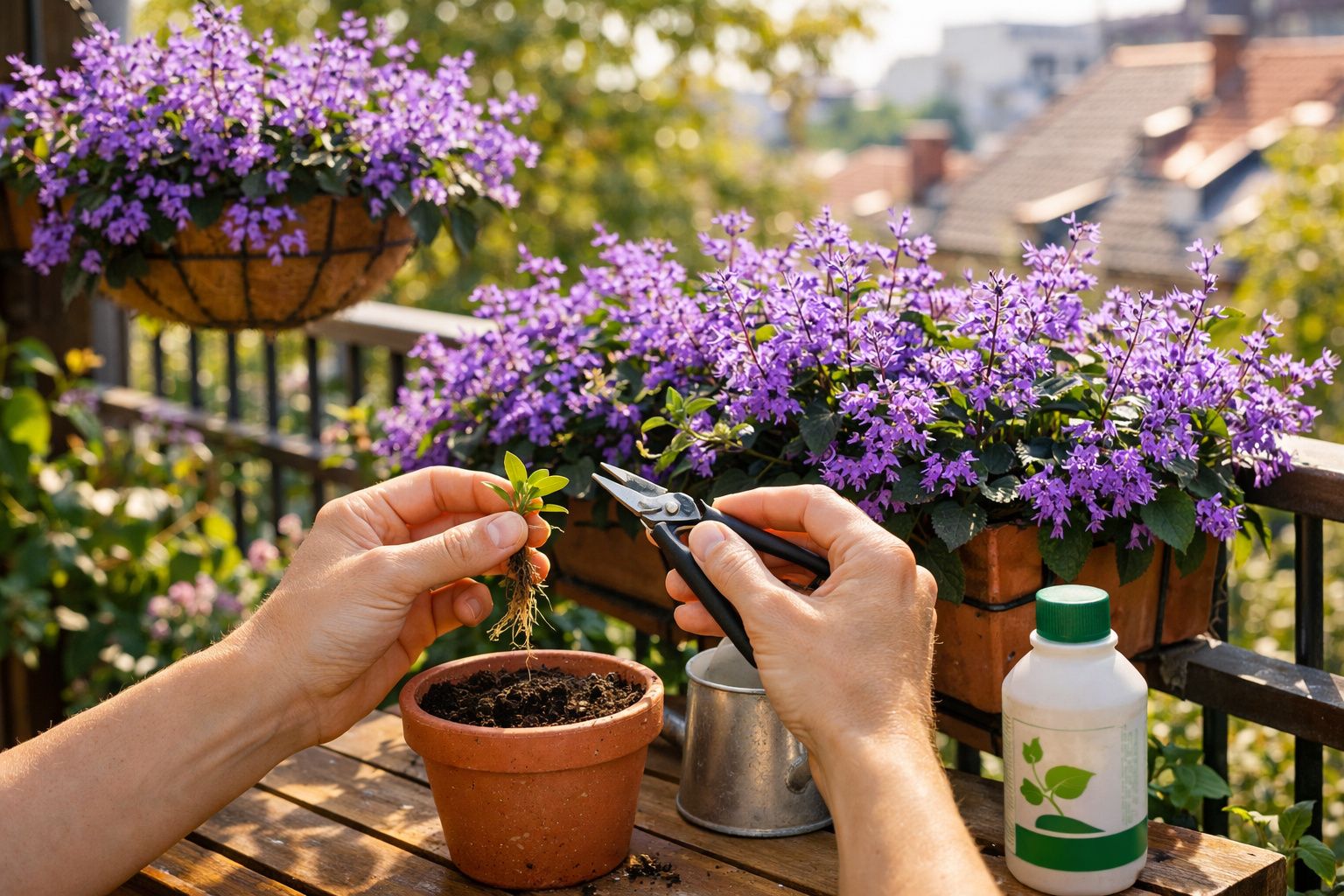 Mãos podando muda de planta em vaso, com flores roxas e acessórios de jardinagem ao fundo.