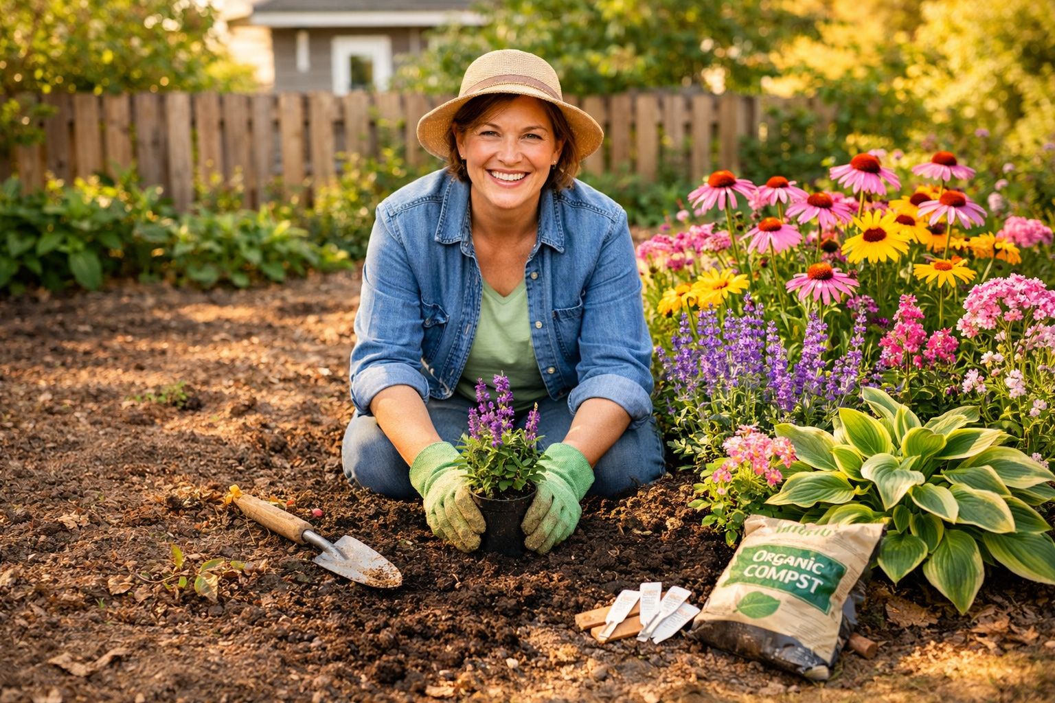 Mulher sorridente com chapéu e luvas jardina plantando flores em solo fértil ao ar livre.