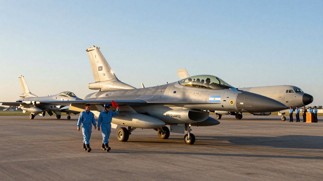 Dois jatos militares estacionados no solo com pilotos em macacões azuis caminhando ao lado em dia claro.
