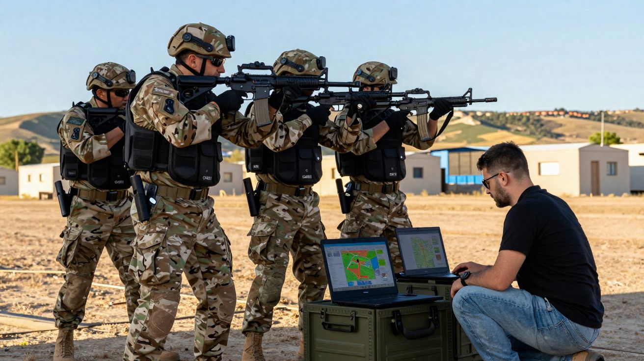 Quatro soldados em formação de tiro com fuzis e um homem de camiseta preta operando laptops em campo aberto.