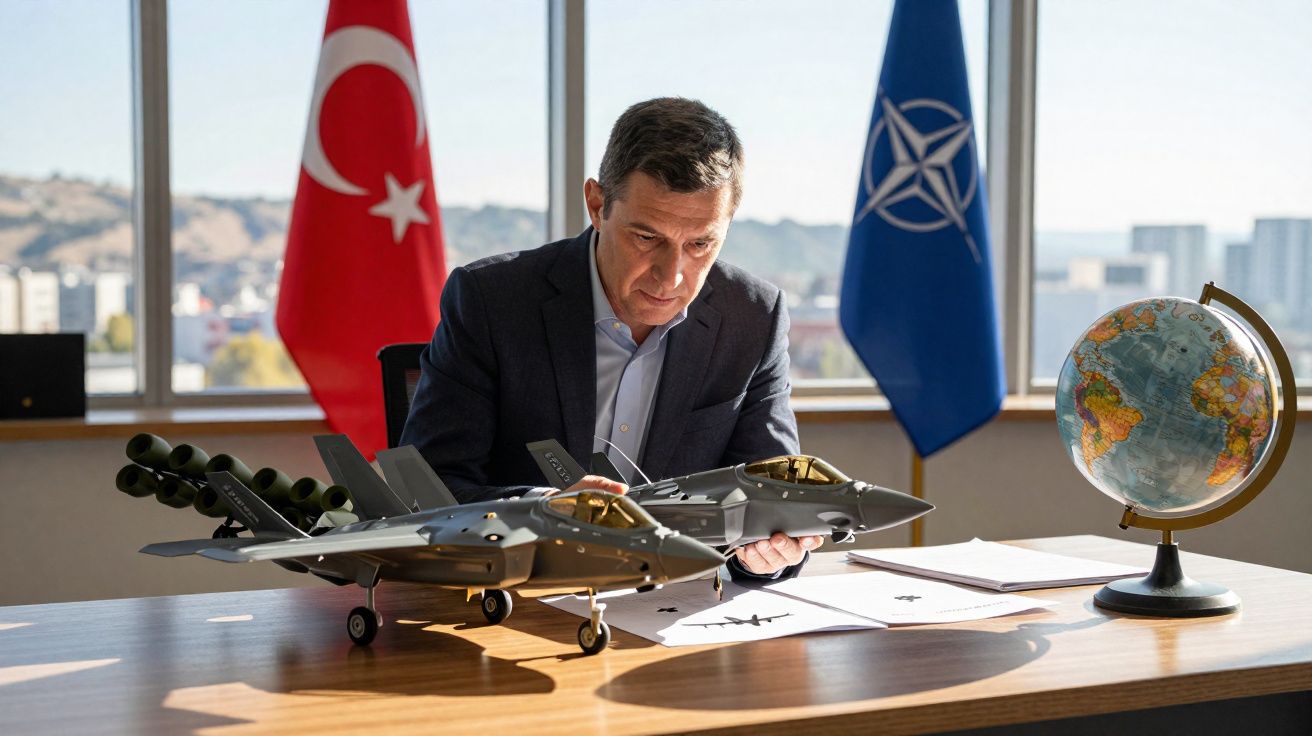 Homem sentado à mesa com modelo de avião militar, globo terrestre e bandeiras da Turquia e OTAN ao fundo.