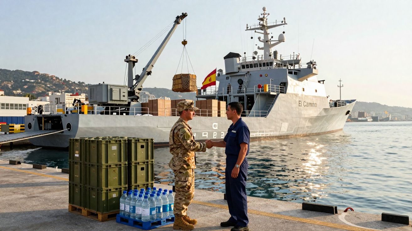 Dois militares se cumprimentam no porto com navio e carga ao fundo em operação logística.
