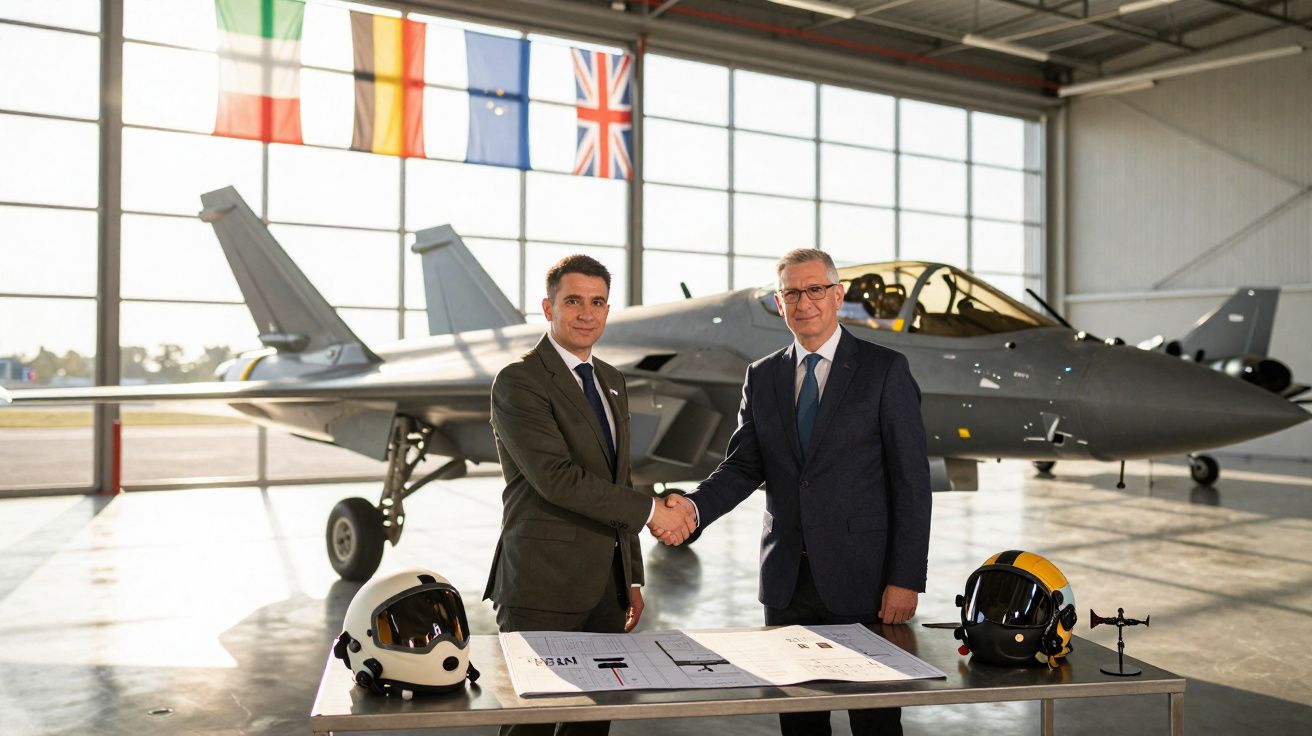 Dois homens de terno apertando as mãos diante de jato militar em hangar com capacetes e plantas sobre mesa.