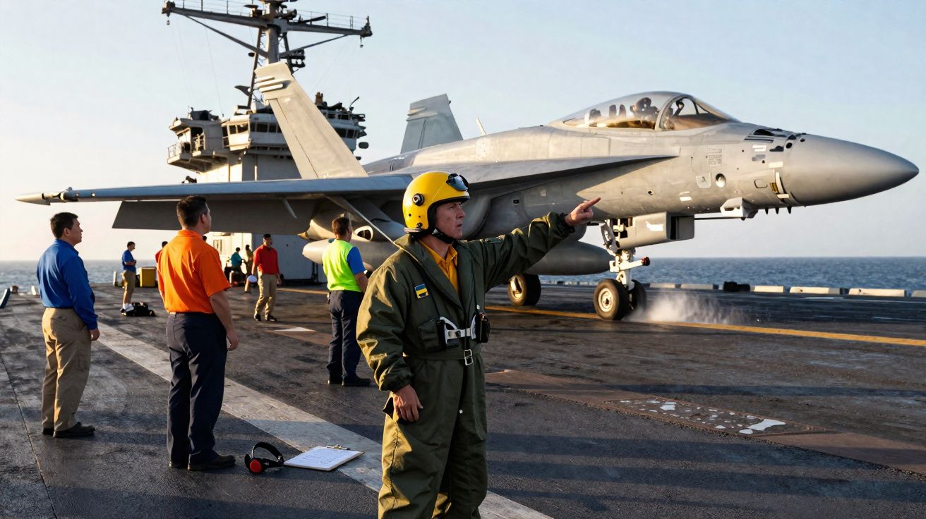 Homem com capacete amarelo conduz operação de decolagem de caça F/A-18 em porta-aviões no mar.