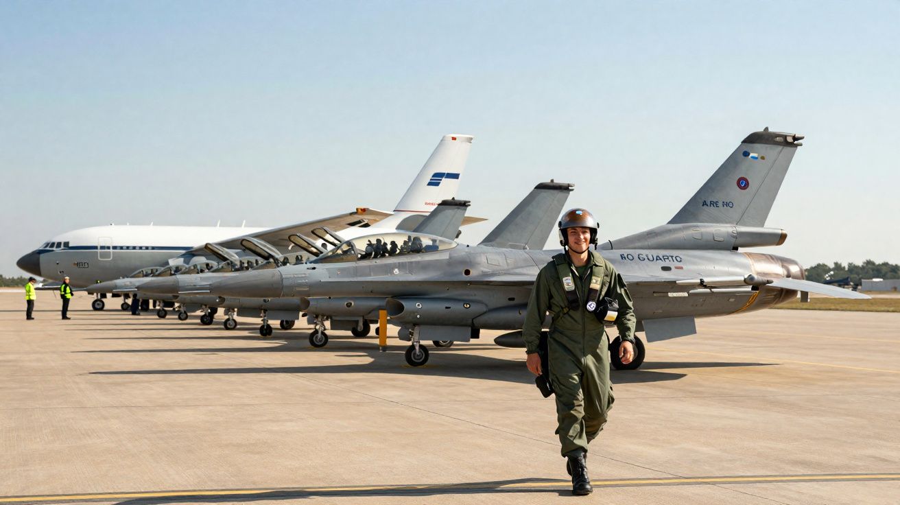 Piloto militar caminhando em pista com fila de caças e avião comercial estacionados ao fundo.