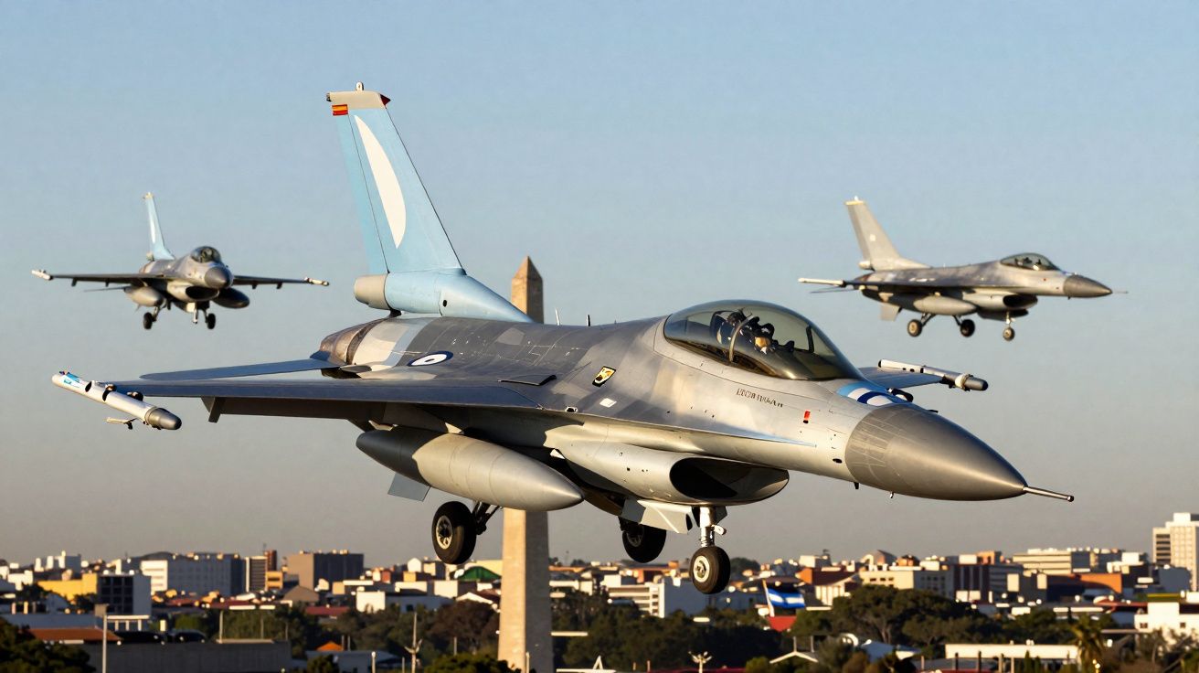 Três caças militares voando baixo sobre área urbana com monumento ao fundo em dia claro.