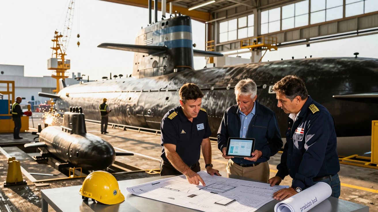 Três homens analisam projetos ao lado de dois submarinos em oficina naval com capacete amarelo sobre a mesa.