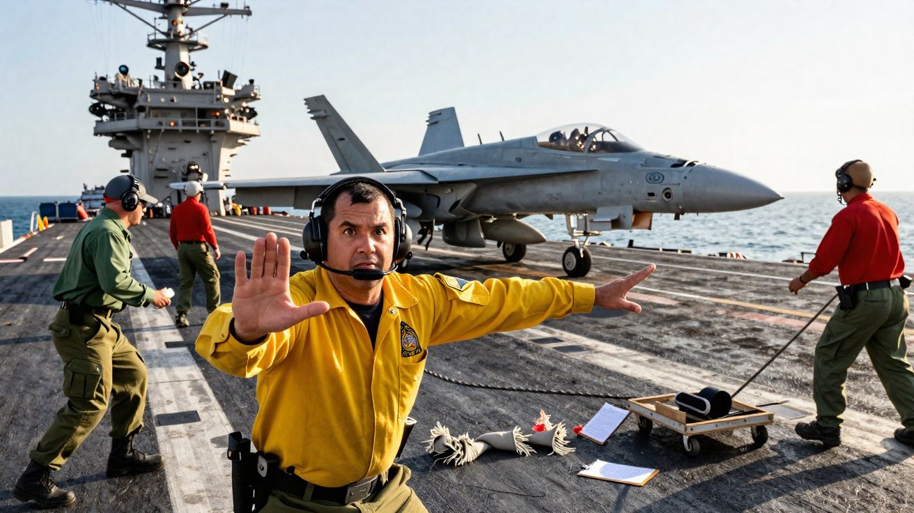 Homem com jaqueta amarela e fones em porta-aviões orienta operação de caça F/A-18 no convés.