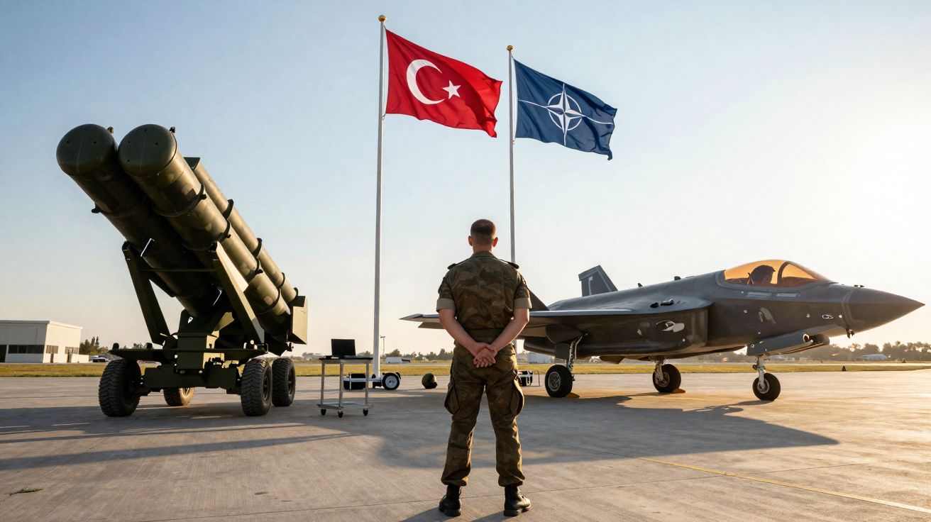 Soldado turco em base aérea entre sistema de mísseis e caça, bandeiras da Turquia e OTAN ao fundo.