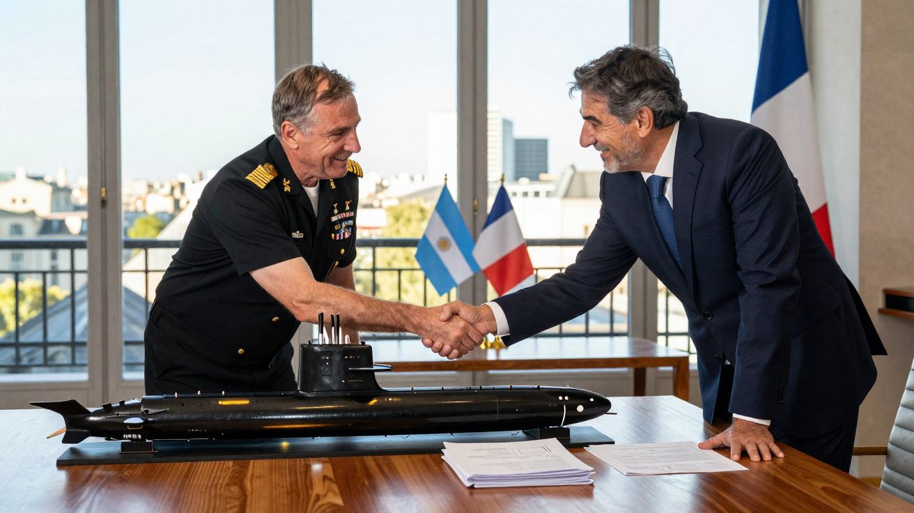 Dois homens, um militar e outro de terno, apertam as mãos à mesa com modelo de submarino e bandeiras da Argentina e França ao