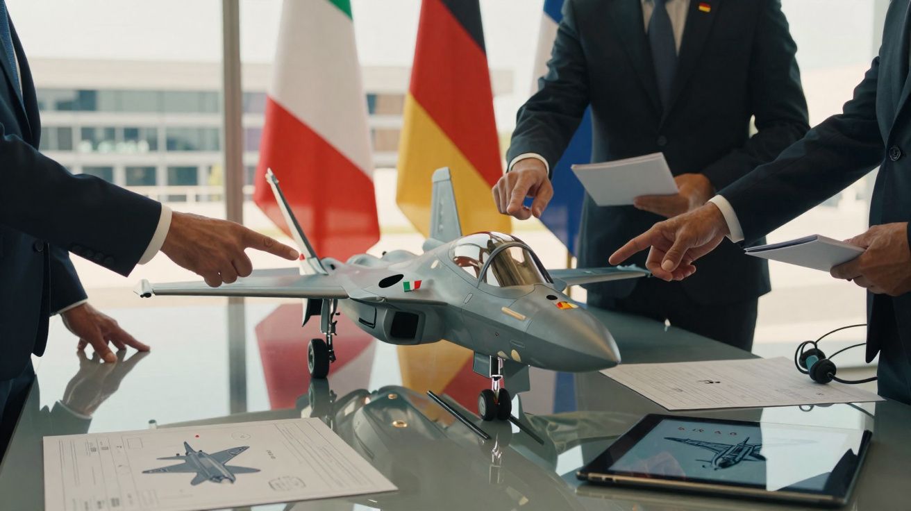 Pessoas em reunião apontando para modelo de avião de caça sobre mesa com documentos e bandeiras ao fundo.