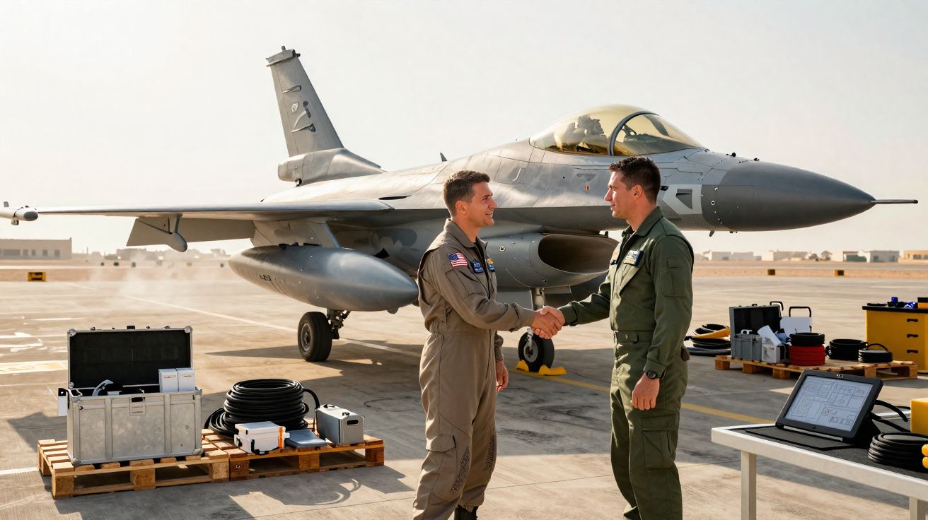 Dois pilotos militares apertam as mãos diante de um caça estacionado em pista de aeroporto.