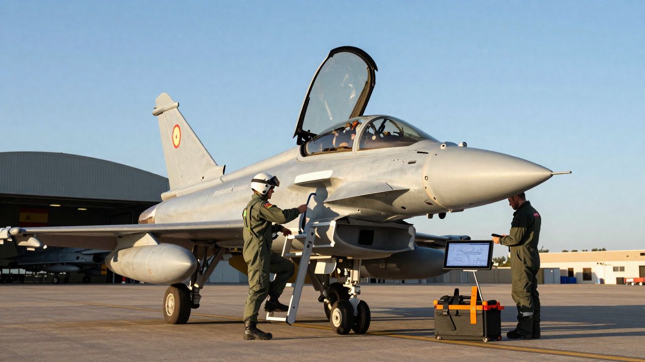 Avião de caça estacionado com dois militares em uniforme realizando inspeção na pista de decolagem.
