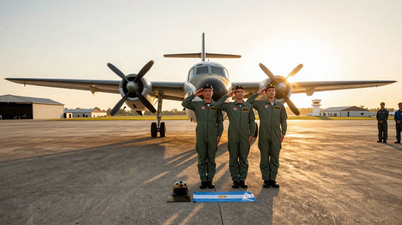 Três aviadores em uniforme verde fazendo continência em frente a avião militar sobre pista ao pôr do sol.