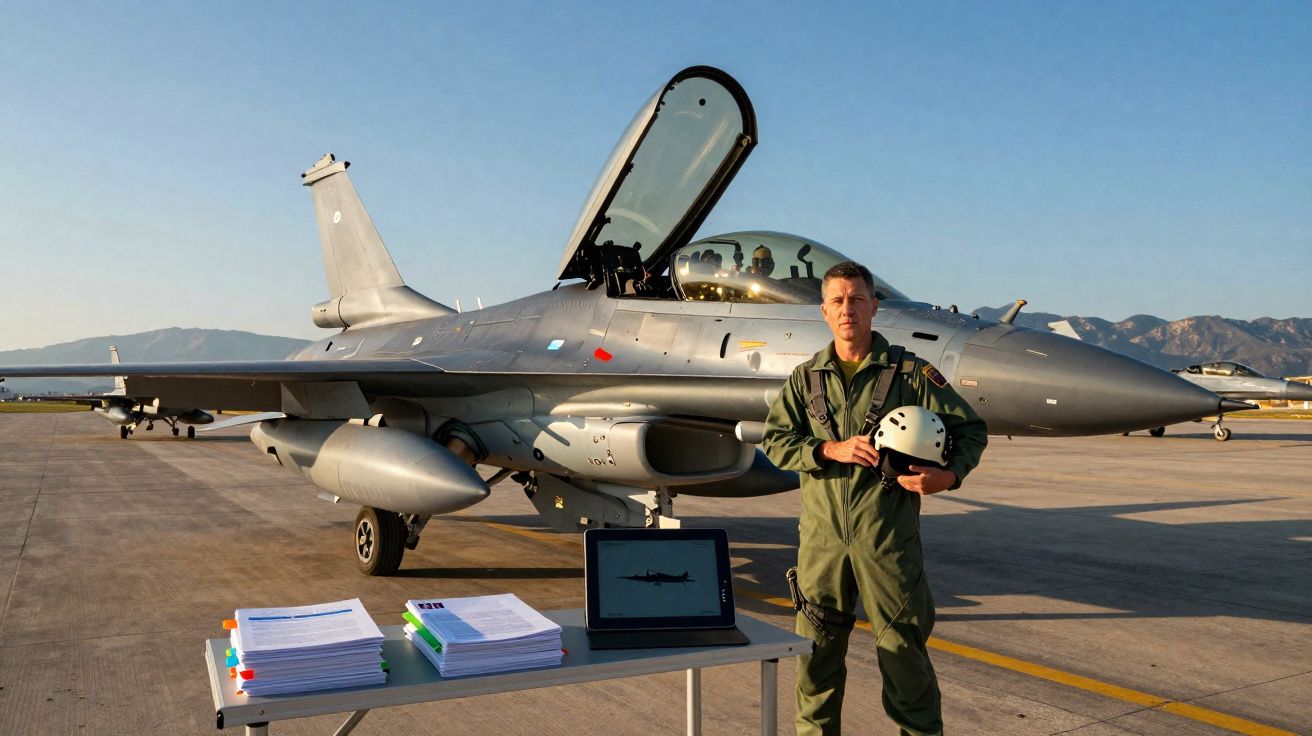 Piloto militar em uniforme verde posa ao lado de caça cinza estacionado, com mesa de documentos e laptop à frente.