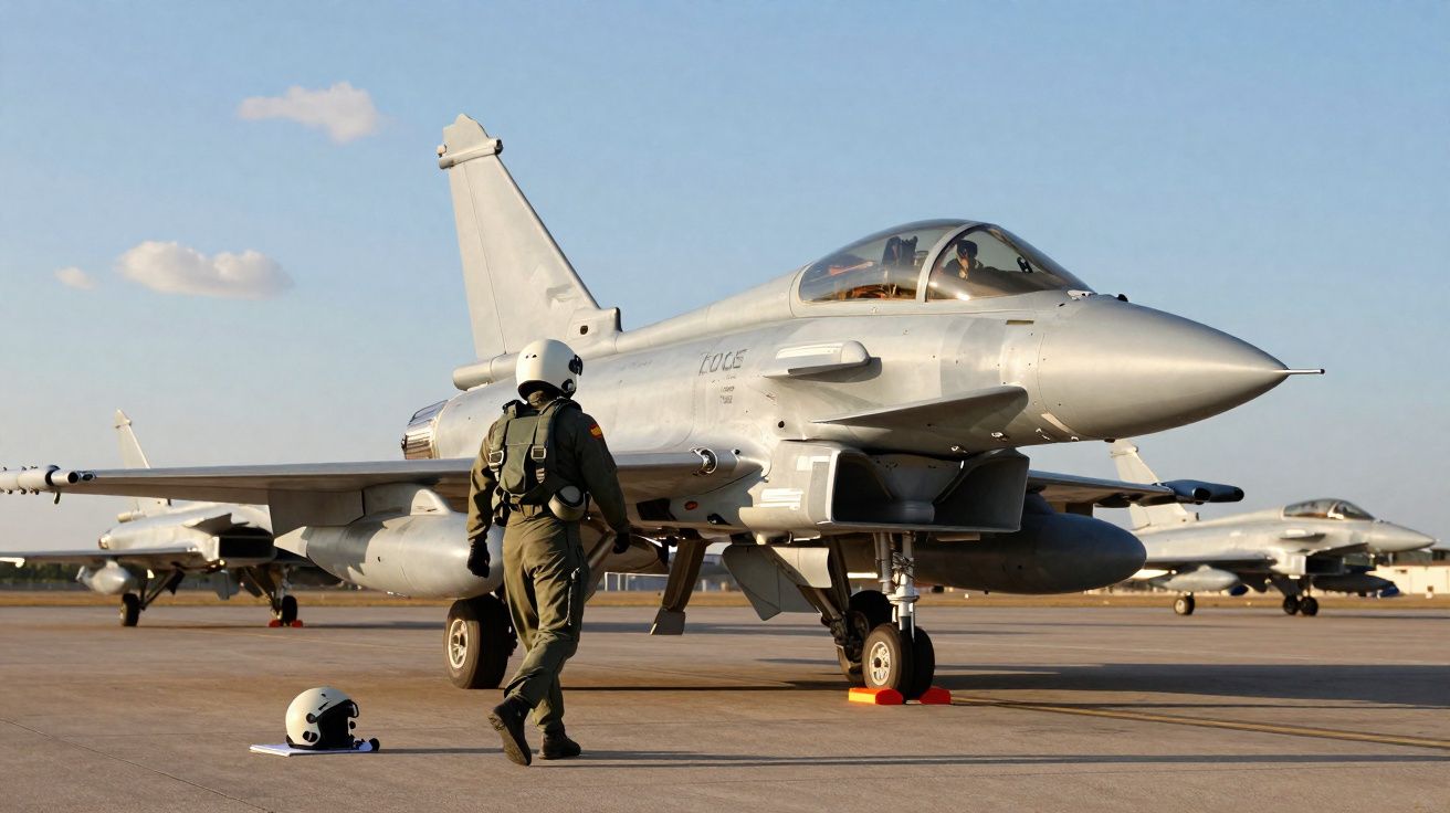 Aviões de caça estacionados em pista com piloto caminhando em direção a um deles ao entardecer.
