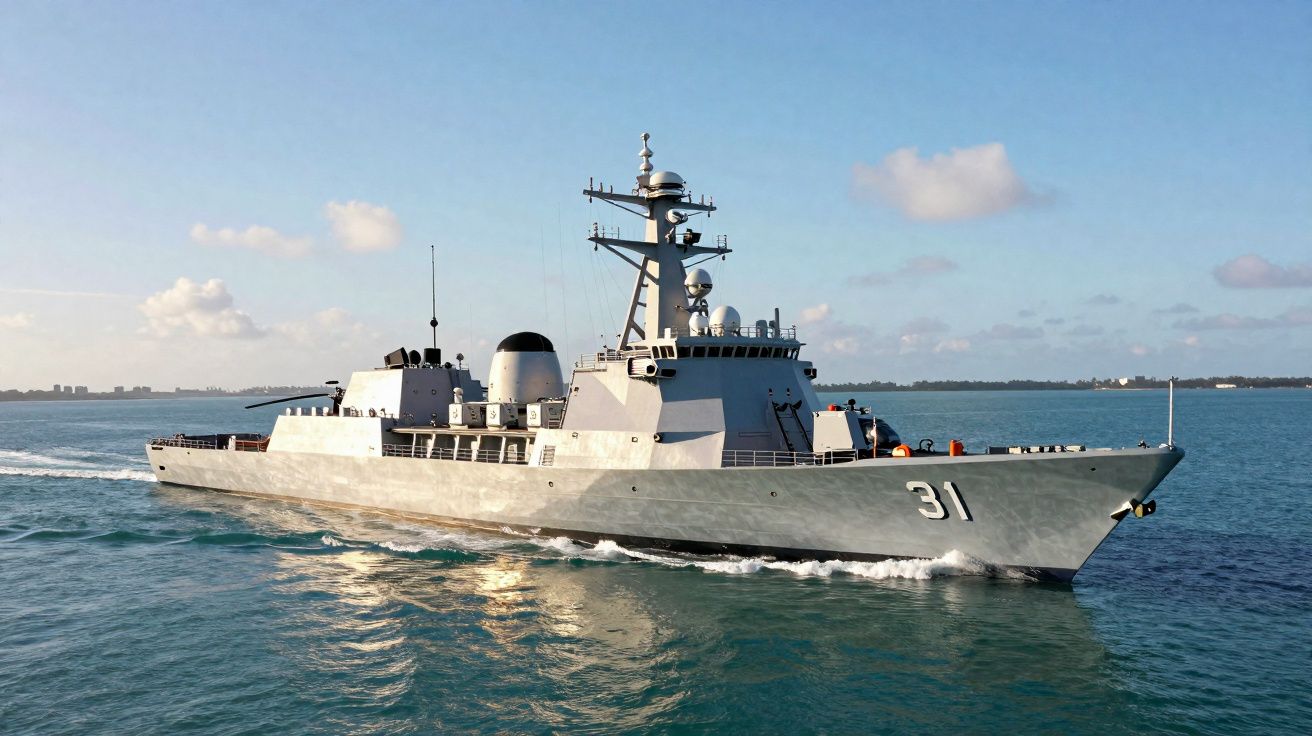Navio militar de cor cinza com o número 31 navegando em mar calmo sob céu azul.