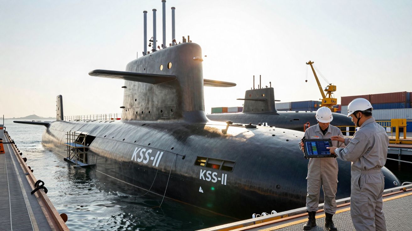 Dois submarinos KSS-II atracados, com dois homens de uniforme e capacete revisando equipamentos na doca.