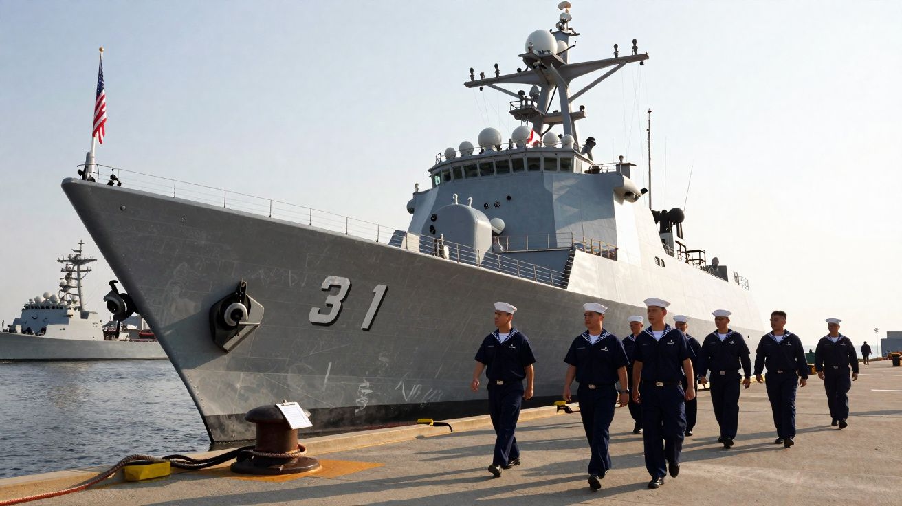 Navio de guerra com número 31 atracado e marinheiros caminhando no cais sob céu claro.