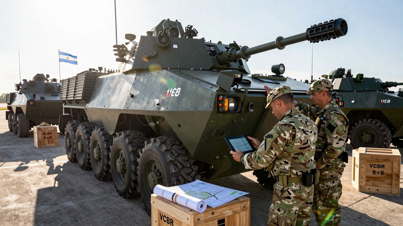 Dois soldados em uniformes camuflados analisam mapa e tablet ao lado de veículo blindado militar 8x8 verde.