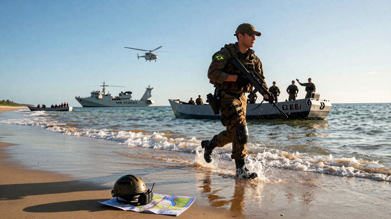 Soldado brasileiro com fuzil na praia, com barcos, navio e helicóptero ao fundo numa operação militar marítima.