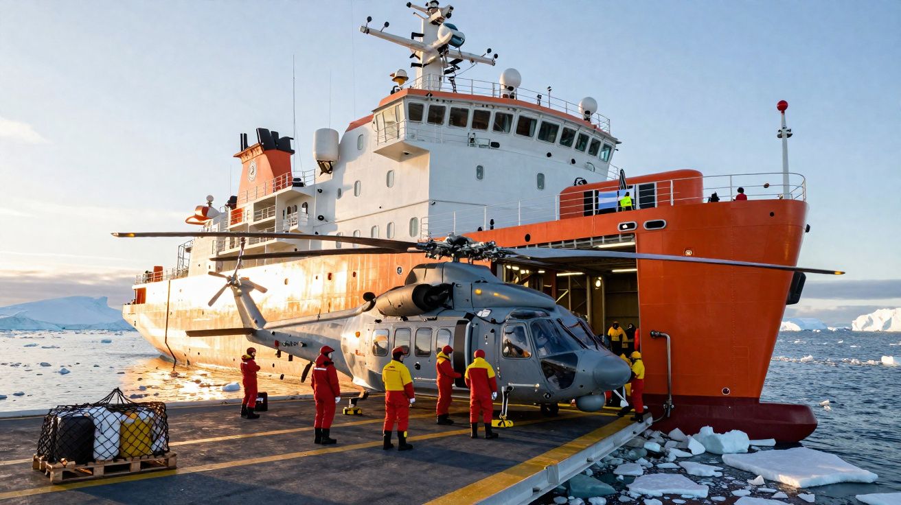 Helicóptero cinza sendo preparado por tripulação em roupas vermelhas e amarelas ao lado de navio laranja e branco em região p