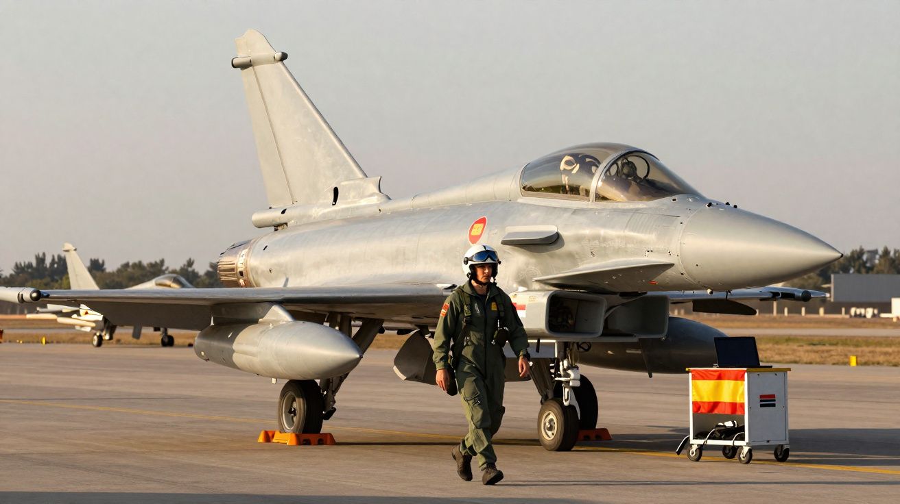 Caça furtivo cinza estacionado na pista com piloto vestido em macacão verde caminhando ao lado.