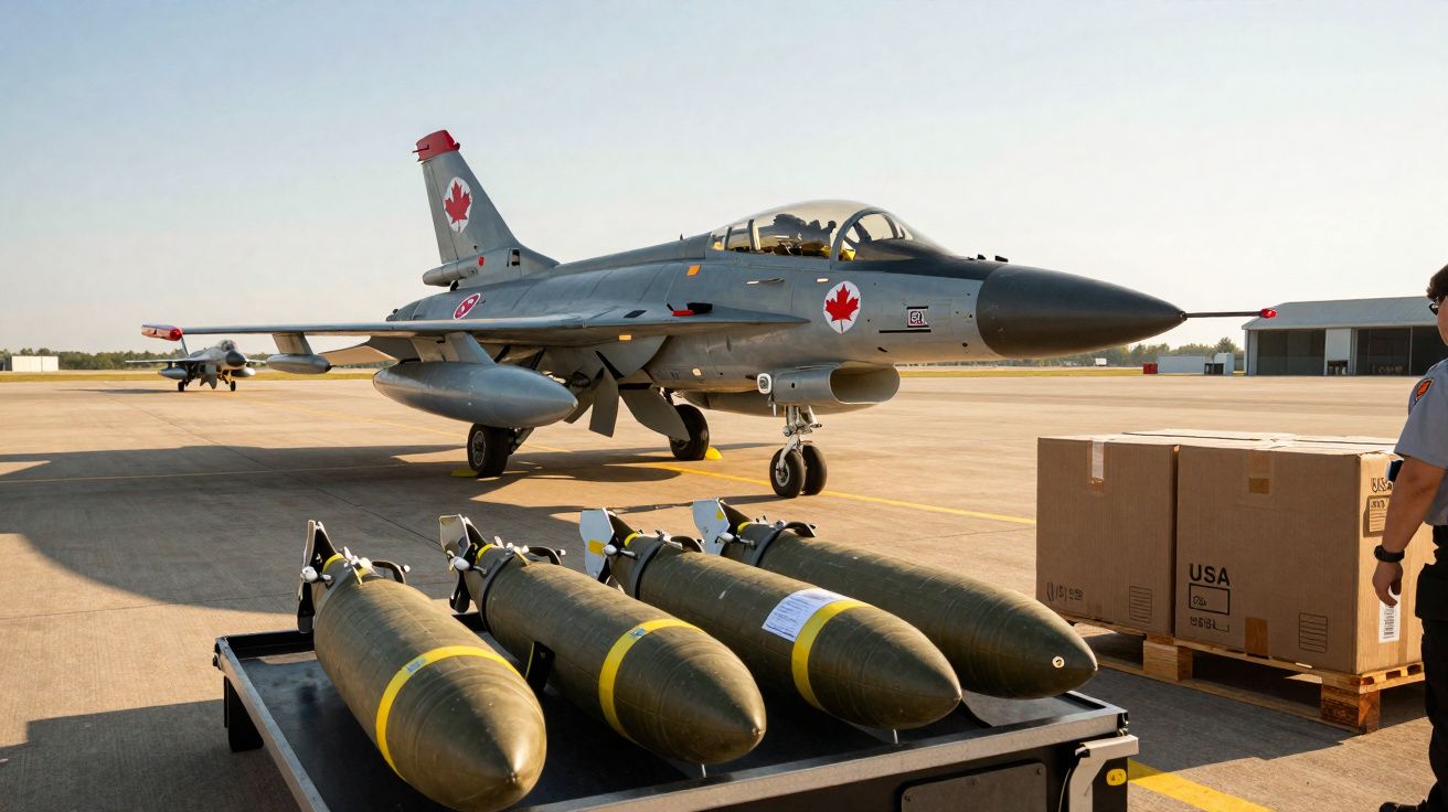 Avião militar em pista com quatro bombas e caixas ao lado, sob luz do dia.