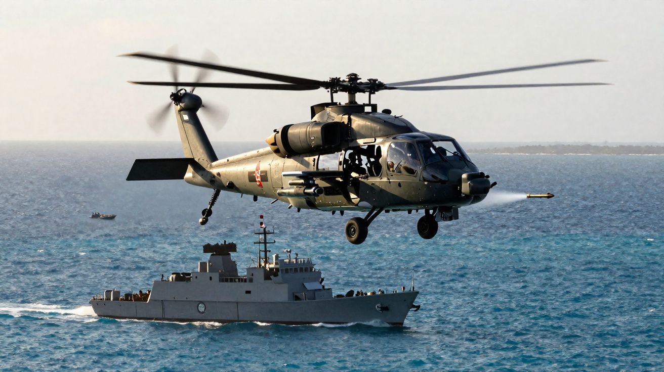 Helicóptero militar de ataque sobrevoando o mar com navio de guerra ao fundo em dia claro.