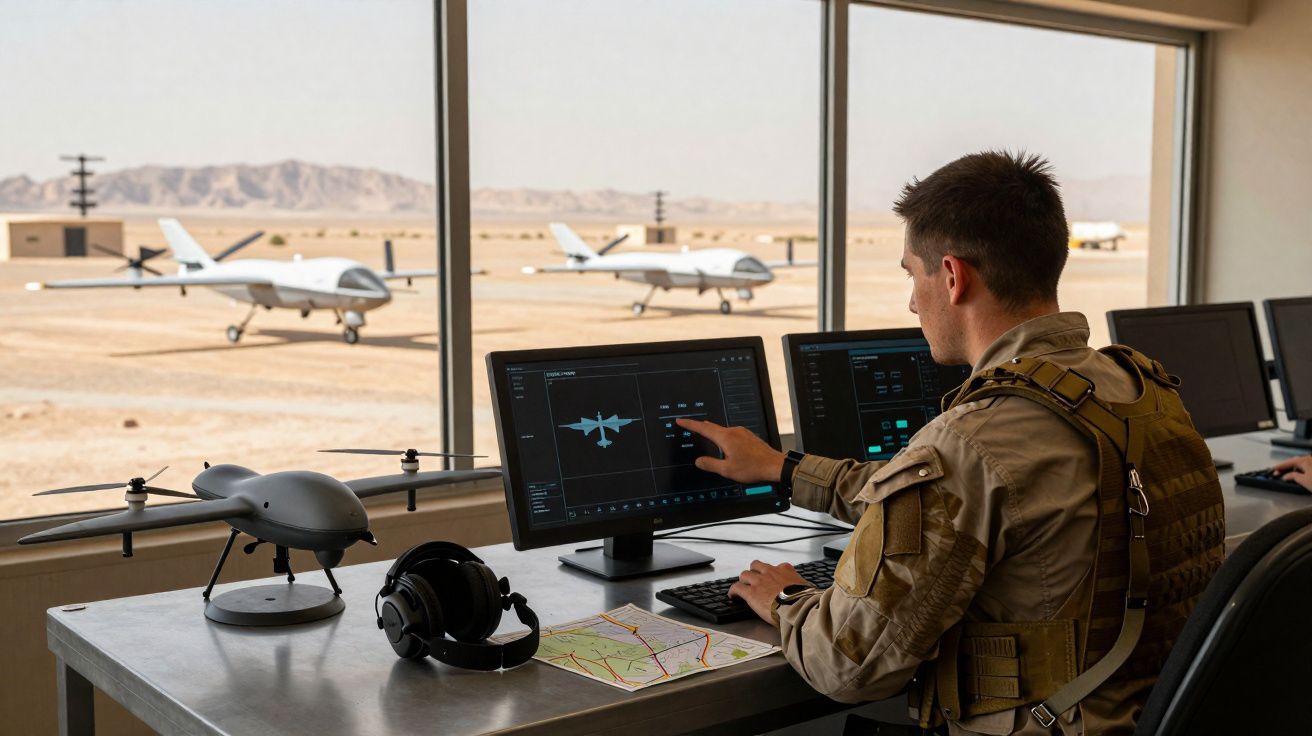 Homem em uniforme controla drones militares em sala com janelas para pista desértica ao fundo.