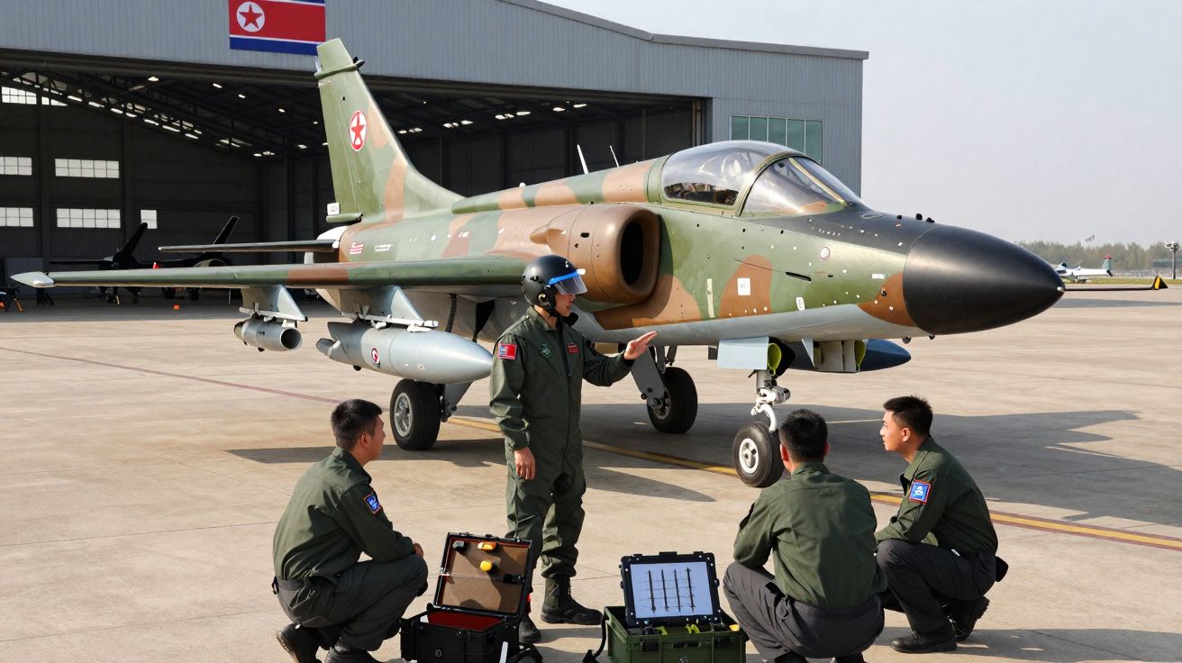 Quatro militares ao redor de caça camuflado em área de hangar com bandeira da Coreia do Norte ao fundo.