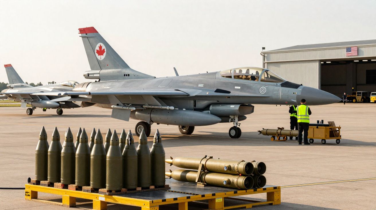 Caça militar canadense estacionado com munição pesada em pallets na área de segurança do aeroporto.