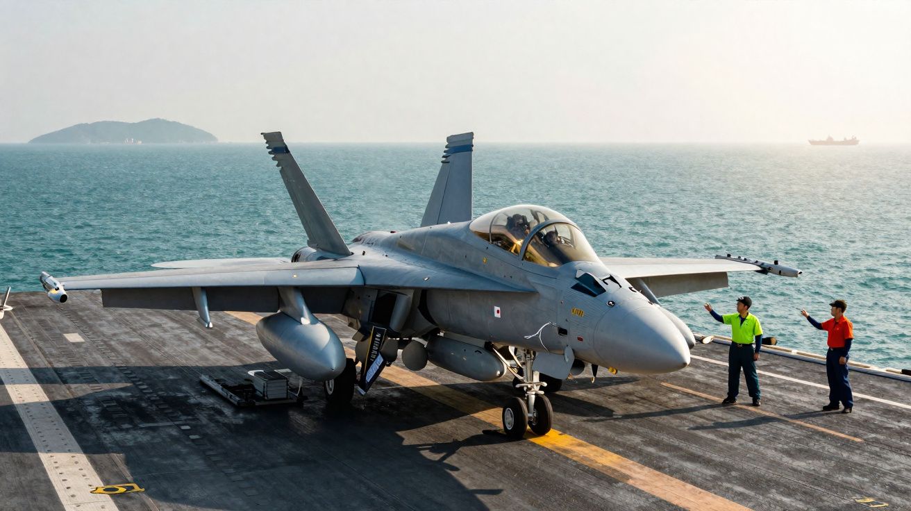 Caça militar cinza em porta-aviões com dois tripulantes sinalizando na pista sobre o mar.