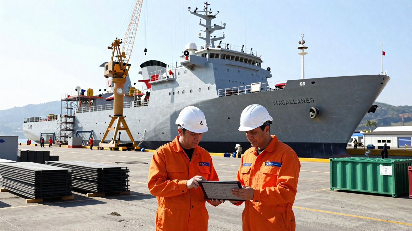 Dois homens com capacetes e macacões laranja olhando para prancheta em porto com navio cinza ao fundo.