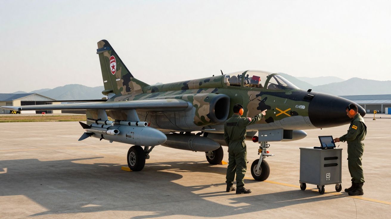 Caça militar camuflado com dois militares em uniforme realizando manutenção em pista de aeroporto.