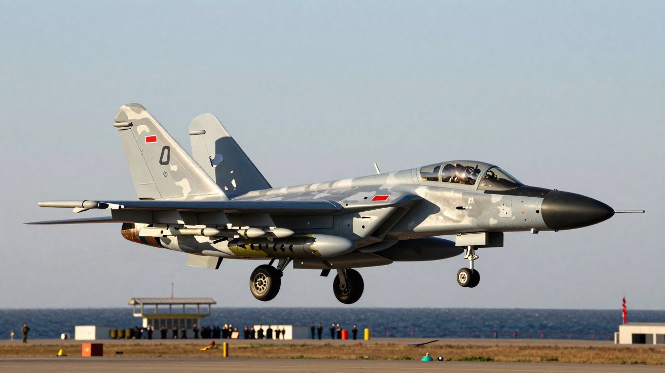 Caça militar cinza com camuflagem em aproximação para pouso perto do mar em base aérea.