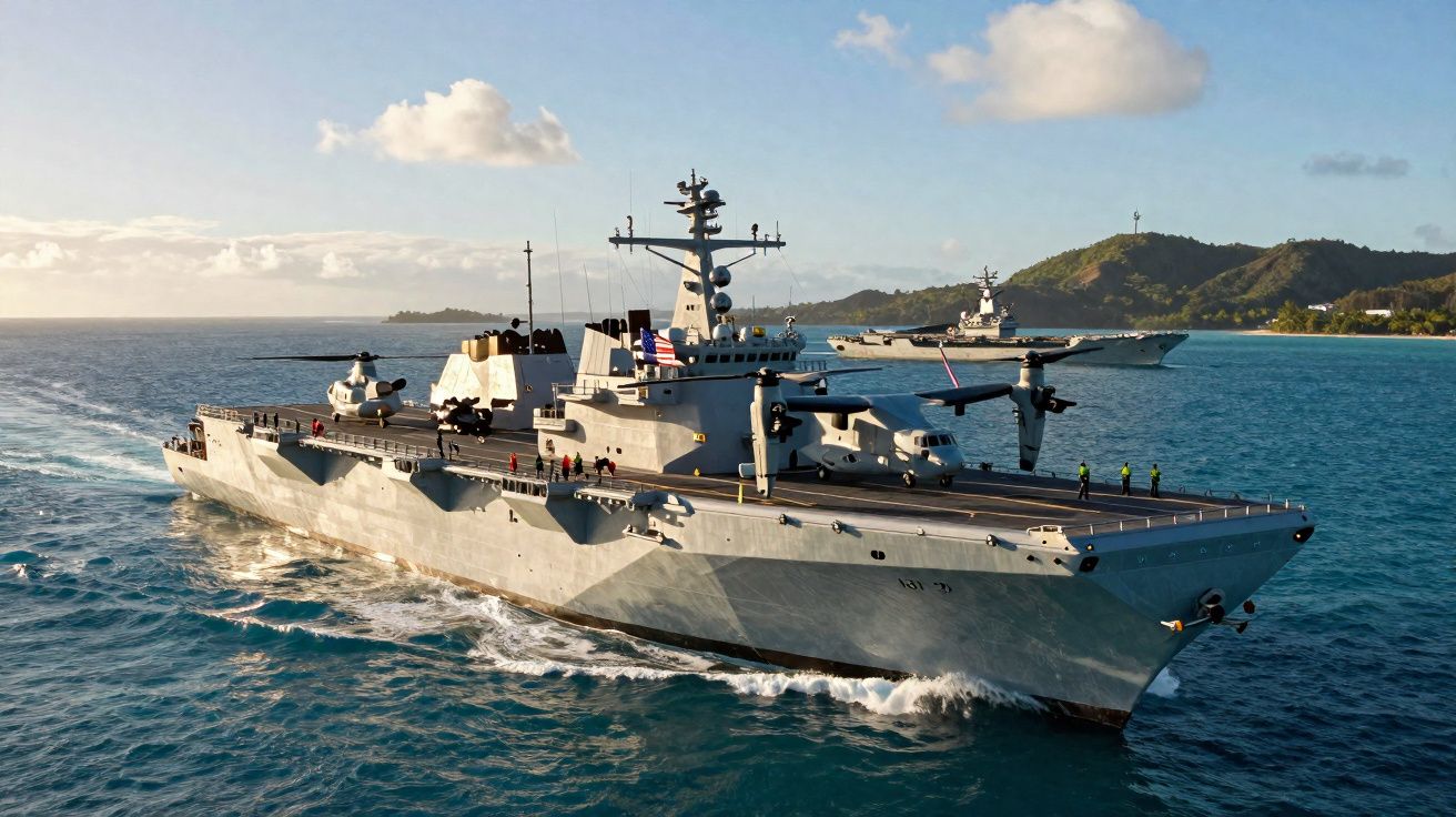 Navio de guerra militar cinza navegando em mar calmo com ilha ao fundo sob céu parcialmente nublado.