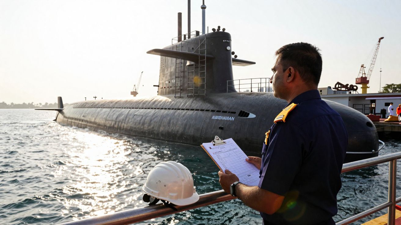 Homem da marinha com prancheta inspeciona submarino preto ancorado ao pôr do sol.