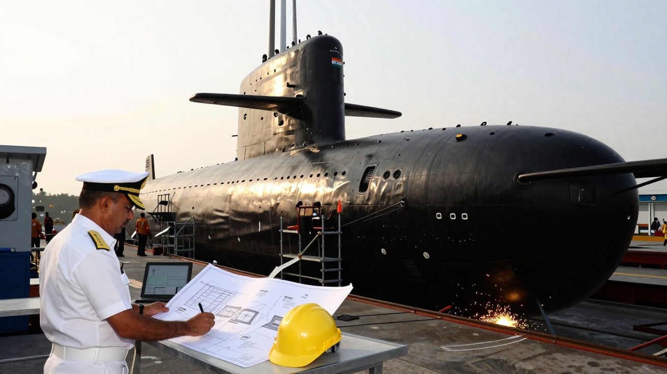 Marinheiro revisa plantas em bancada perto de submarino preto em doca seca ao entardecer.