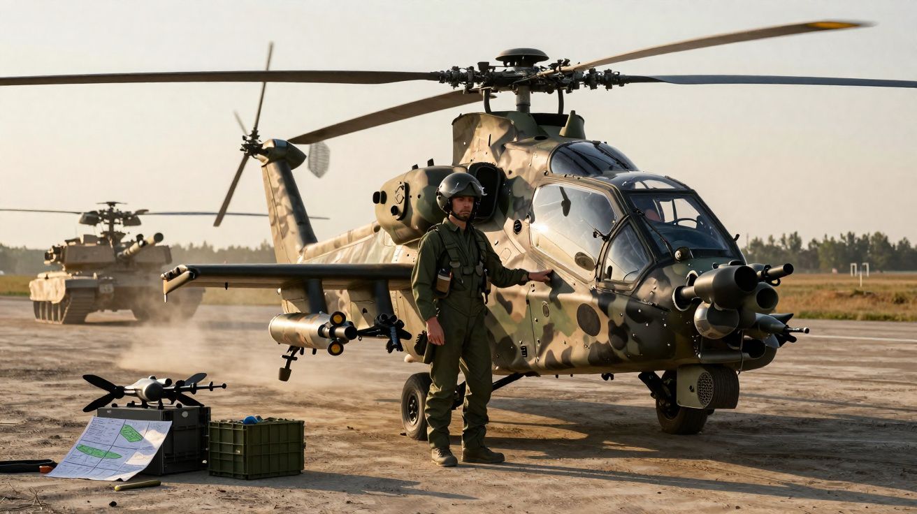 Helicóptero militar camuflado estacionado com soldado em uniforme e tanque ao fundo em área aberta.