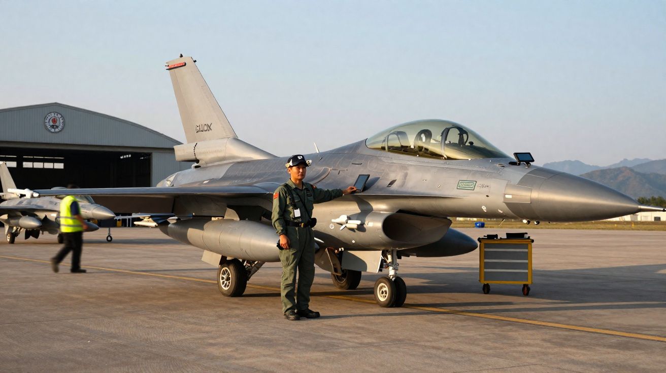 Piloto em uniforme ao lado de caça F-16 estacionado em pista de aeroporto militar ao entardecer.