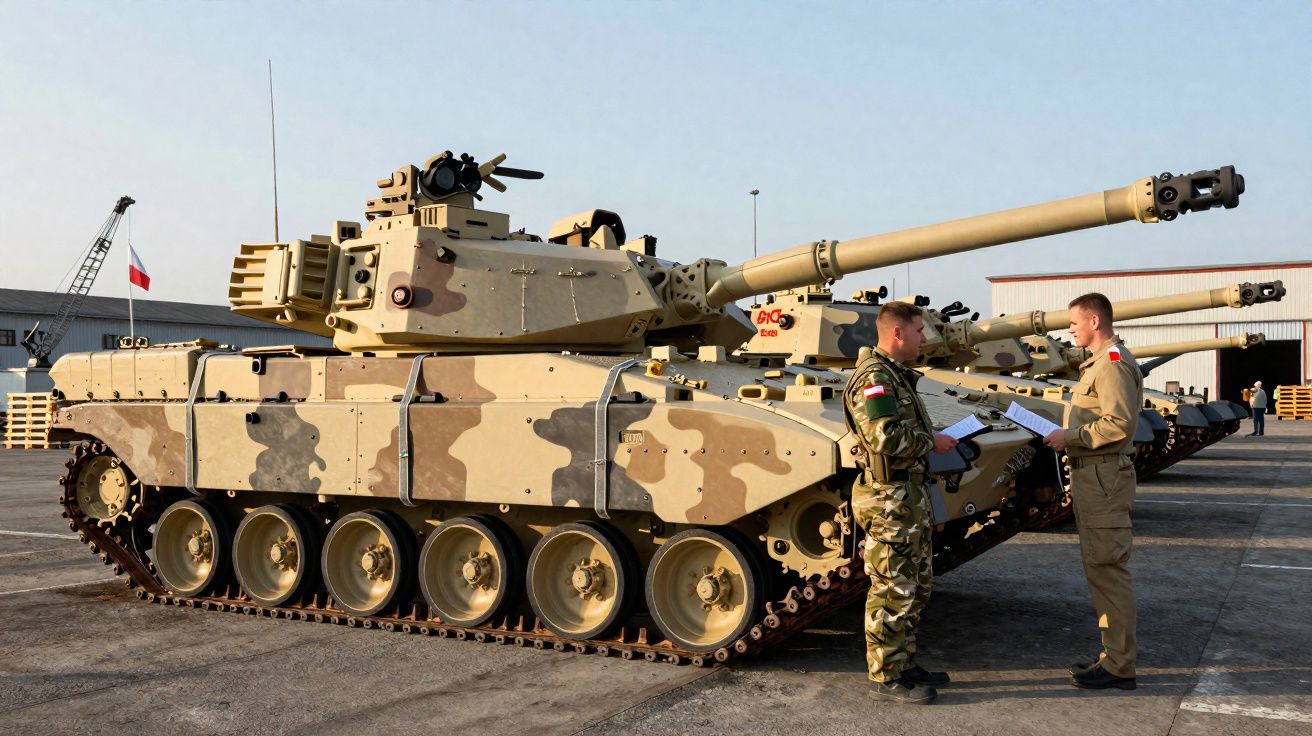 Tanques de guerra camuflados estacionados em área aberta com dois soldados conversando em frente.