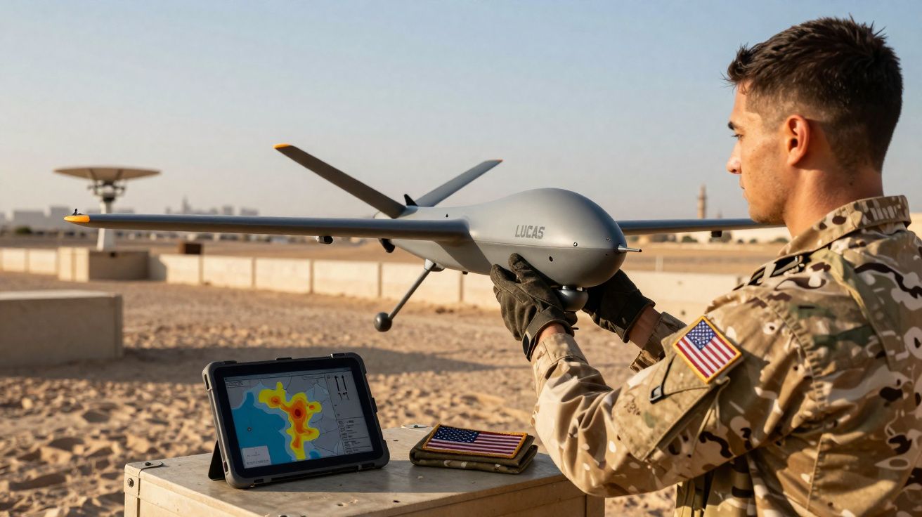 Militar em uniforme camuflado segura drone cinza próximo a tablet com mapa de calor em ambiente desértico.